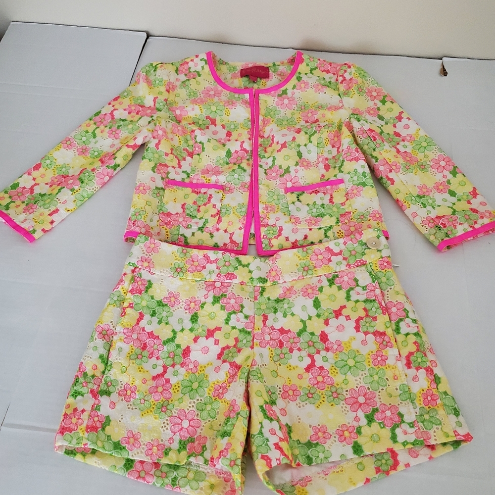 LILLY PULITZER Floral Cotton-Blend Women's Jacket and Shorts in Pink & Green